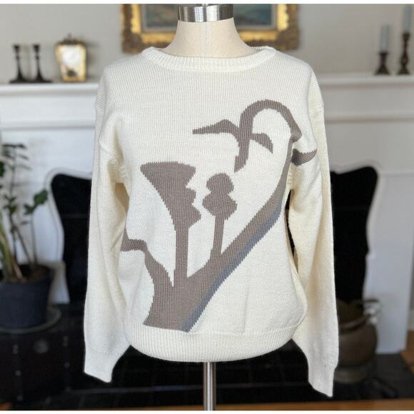 Koret Sweaters - Vintage Sweater, 80s Abstract Koret, Tan Gray Print, Neutral Wool Blend, Women L